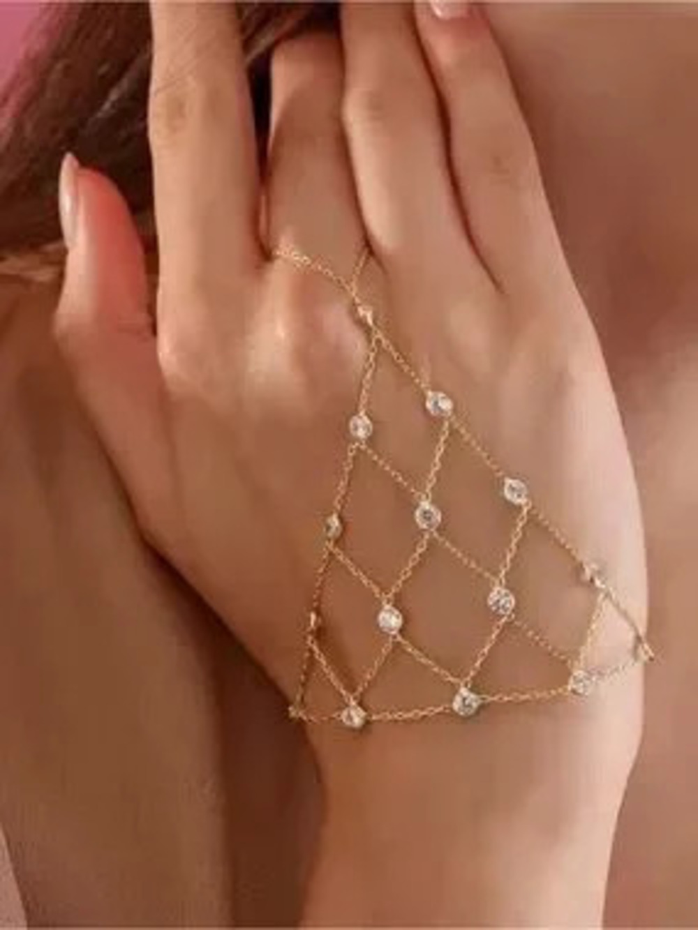 Elegant Gold Hand Chain Bracelet with Crystal Accents - Women Jewelry